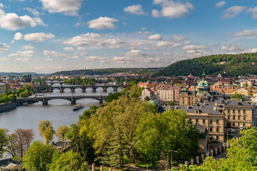 Old town of Prague. Czech Republic over river Vltava with Charles Bridge on skyline. Prague...