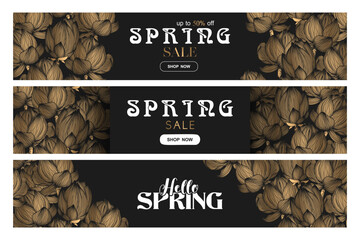 Spring sale vector banner templates collection with gold hand drawn abstract lotus flowers isolated on black background. Illustration for advertising, promotion, invitation, card, poster