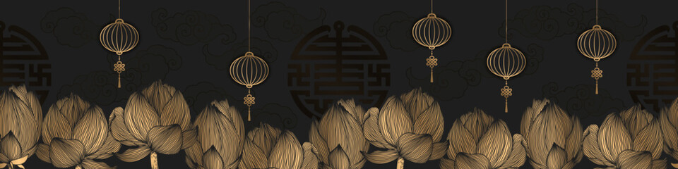 Vector seamless pattern with gold clouds, lanterns and lotus flowers isolated on black background. Traditional asian illustration template for fashion prints, card, banner, fabric