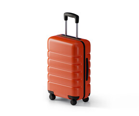 3D luggage, vacation icon. Render red suitcase for holiday, tourism, travel, booking and time to travel concept. 3d baggage minimal illustration