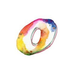 A small, vibrant watercolor letter "o" in rainbow colors pops against a clean white backdrop, radiating charm and creativity in its delightful simplicity