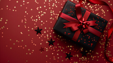 Obraz premium Top view black gift box, adorned with vibrant red ribbon, surrounded by golden star-shaped confetti. 