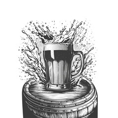 Hand drawn beer mug with splash and drops on wooden barrel. Monochrome sketch isolated on white background. Beer glass engraving for menu design, happy hour, poster.