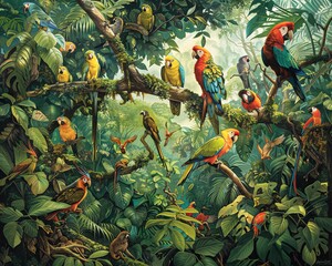 Transport the viewer into the heart of a bustling jungle canopy