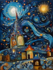 Fototapeta premium Landscape Starry Night Illustration Inspired Art