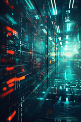 The image is a glowing blue and green circuit board with a glowing white light at the end of the tunnel.