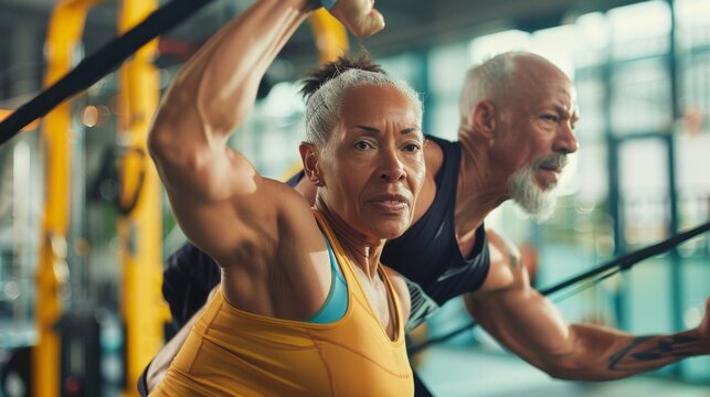 Senior couple working out with resistance bands, embracing the journey of fitness together with determination and joy. - Powered by Adobe