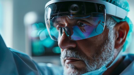 Close-up of a physician using AR glasses to overlay diagnostic information while examining a patient, enhancing accuracy.