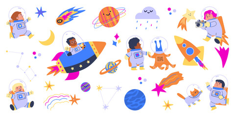 Set of cute children astronauts with planets, animals and UFO flat style