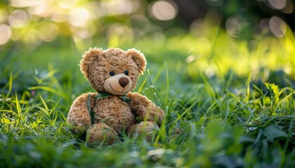 Teddy bear toy resting on green grass - Powered by Adobe