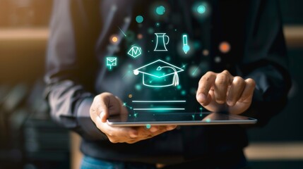 An online learning concept shows a man touching the certificate icon (diploma). He holds a tablet PC with a wide variety of online services.