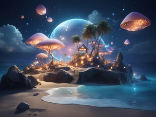 "Enigmatic Shores: AI-Infused Surreal Beach Nightscapes"