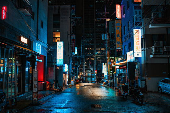 Seoul, South Korea - February 24, 2024: Seoul street with neon lights and night bars