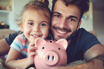 father and daughter with piggy bank