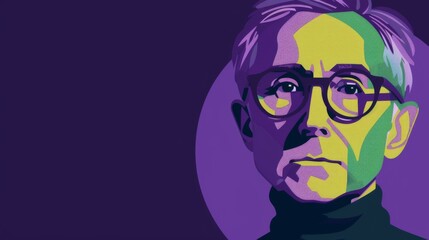 Stylized vector portrait of a mature man with glasses, set against a purple background.