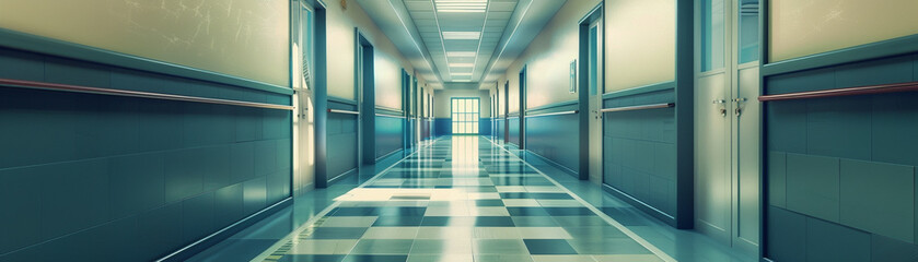 Obraz premium The hospital hallway is empty. The lights are on. The floor is clean and shiny.