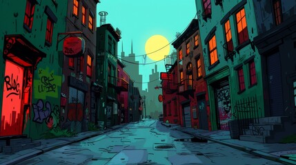 Fototapeta premium Artistic depiction of a quiet, empty SoHo street at sunset with warm light and long shadows.