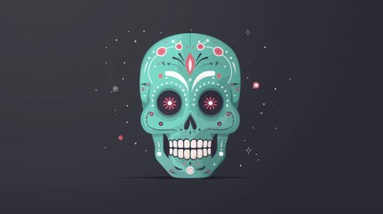 Colorful illustration of a Mexican skull with intricate ornaments, celebrating Dia de Muertos.