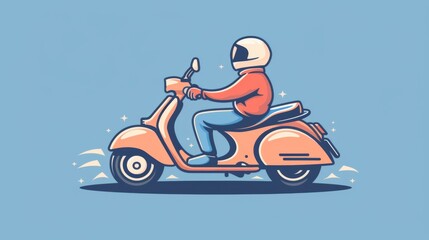 An illustration of a happy person riding a classic scooter, depicted in a stylized, colorful Mediterranean scene.