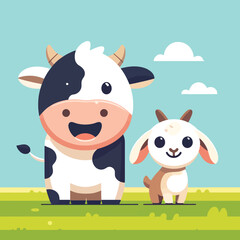 illustration of a happy sacrificial cow and goat