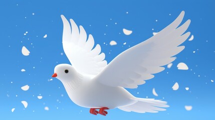Obraz premium Illustration of a white dove in flight against a clear blue sky, feathers falling gently around it.