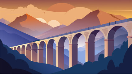 The stoic bridge built on ancient Roman aqueduct arches connecting two mountain peaks with a breathtaking view.. Vector illustration