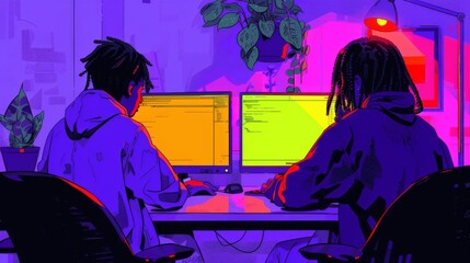 Illustration of two software developers coding at a workplace with dual monitors and vibrant colors.