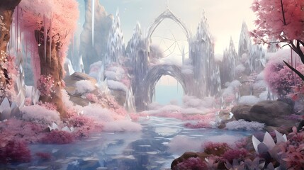 Digital painting of a winter landscape with a pond and a bridge.