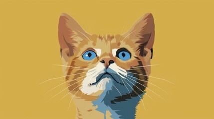 An illustrated cat with striking blue eyes looks up, set against a warm yellow background.