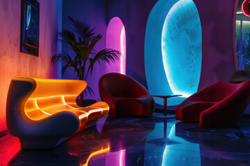 Sci-Fi Lounge, Futuristic furniture with neon and dark ambiance, Retro-modern setting, Copy space