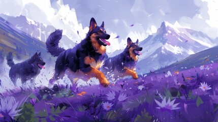 Illustration of joyful dogs and a cat running through a vibrant meadow with mountains in the background.