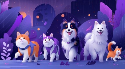 Illustration of joyful dogs and cats running together in a stylized, vibrant urban park setting.