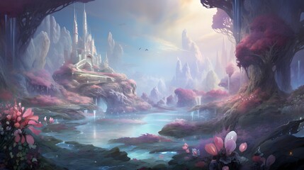 Fantasy landscape with fantasy lake and mountains. 3d illustration.