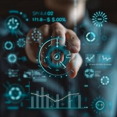 A person is pointing at a screen with a green arrow. The screen is filled with various graphs and numbers, and the person is using their finger to point at a specific one