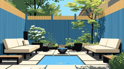 A cozy modern backyard patio with comfy seating, a fire pit, plants, and a water feature surrounded by a wooden fence.