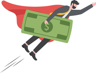 Recover from the financial and investment crisis. Businessman hero holding dollar note in the sky


