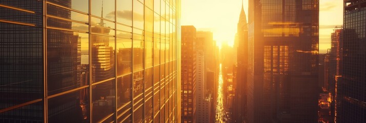 The golden sunset light beautifully reflecting off the glass windows of skyscrapers, showcasing urban beauty