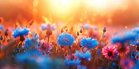 Serene Sunset Over a Field of Blue and Pink Flowers, Nature's Beauty at Dusk