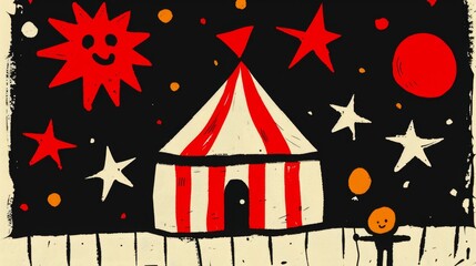 A whimsical illustration of a circus in a dark setting with a smiling sun, stars, and a person.