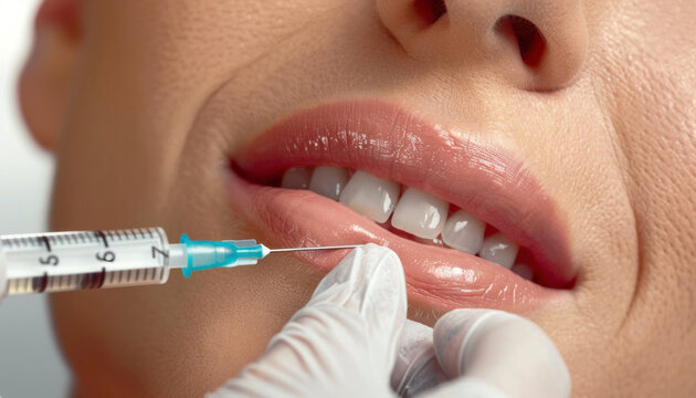 Close-up photo of a gloved hand injecting a Botox syringe into the lips of a beautiful woman