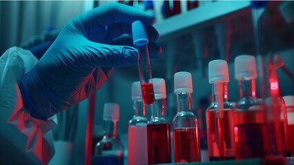 Close up of a hand in blue gloves holding a test tube with red liquid and other vials on a shelf, against a laboratory background