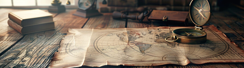 Old Map and Compass, Explorer's table with ancient world map, Travel and adventure theme, Copy space