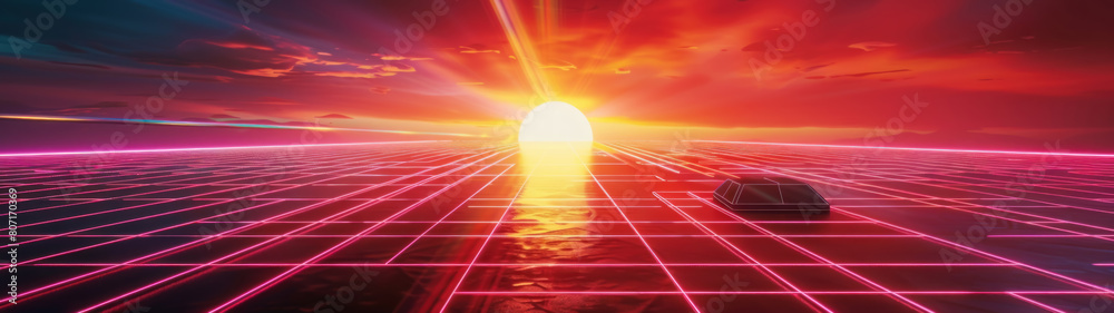 Wall mural Neon Grid Landscape, Retro synthwave style with neon lines and sunset, Futuristic nostalgia, Copy space