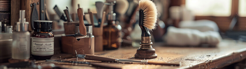 Retro Barbershop Tools, Traditional razors and brushes on an antique barber table, Old-fashioned grooming, Copy space