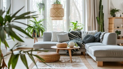 Modern interior of open space with design modular sofa, furniture, wooden coffee tables, plaid, pillows, tropical plants and elegant personal accessories in stylish home decor. Neutral living room