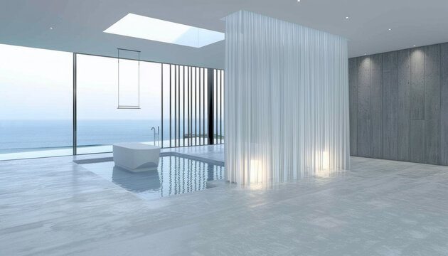A minimalist interior with a bathtub and sea views.