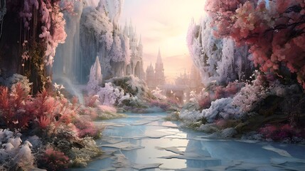 Digital painting of a winter forest with a frozen river and pink flowers