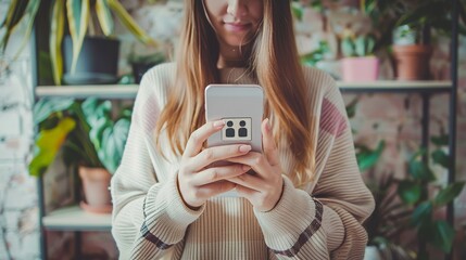 This image shows a girl holding a smartphone, pressing on the questionnaire icon. Online testing, questionnaires and voting are concepts.