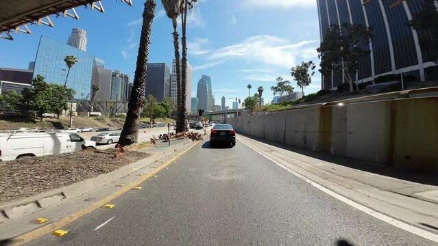 Los Angeles Downtown Freeway 110 South to 10 West 01 Front View at 3rd St Ramp Driving Plate California USA Ultra Wide