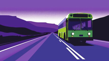 Fototapeta premium An illustration of a green intercity bus traveling on a highway with a purple sky in the background.